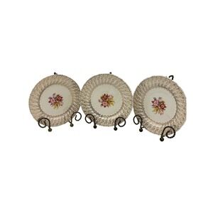 Set of 3 Vtg NASCO 22kt Gold Scroll Trimmed Floral Dessert Plates Union Made USA